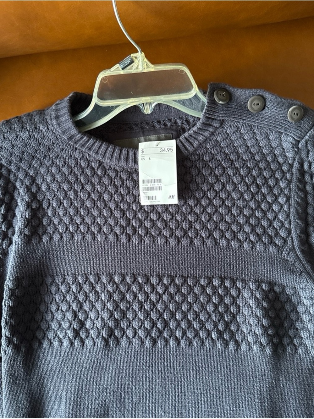 H&M Men’s Navy Blue Textured Crewneck Sweater with Shoulder Buttons